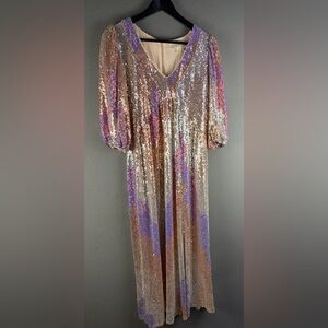 Anthropologie Saltwater Luxe Midi Dress Sequins Colorful Bubble Sleeve Small